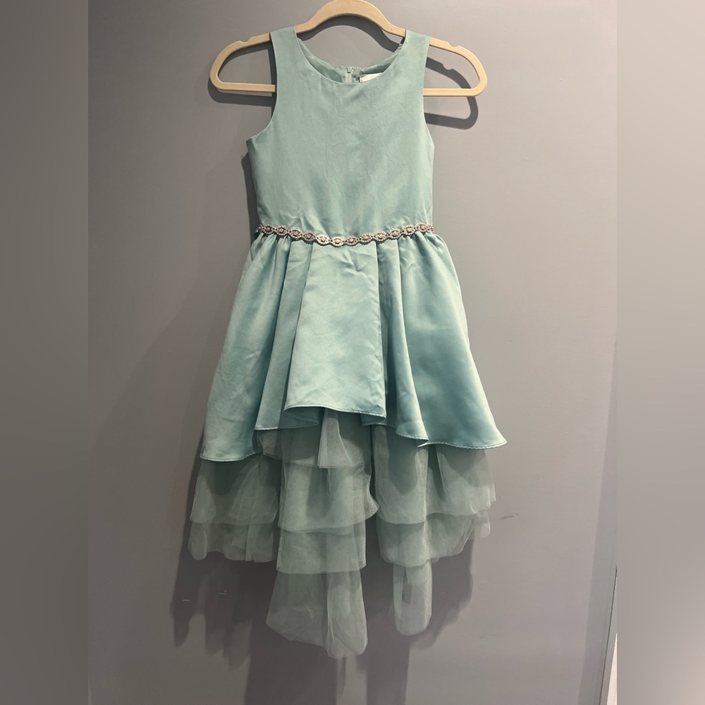 Rare Editions Aqua Girls Dress with Tulle Overlay